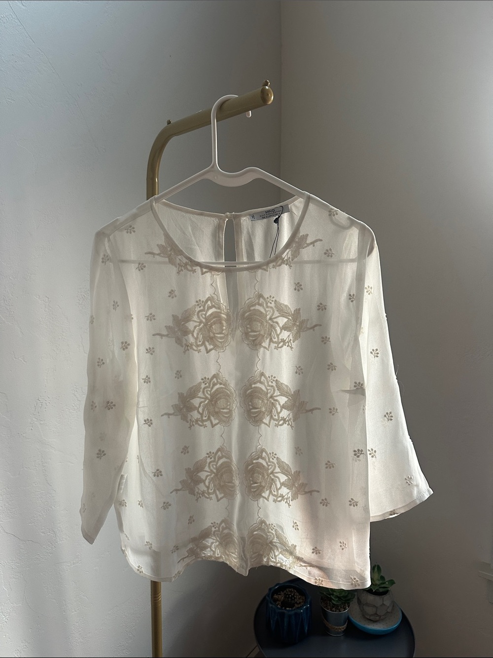 Mango Ivory Sheer Embroidered Blouse